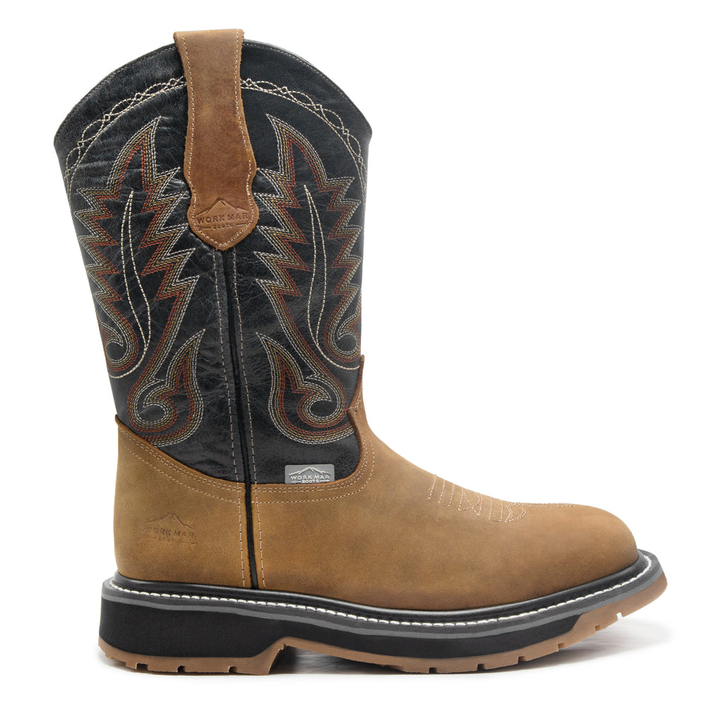 Bota Vaquera de trabajo "Dual Tone" | Piel Crazy Miel y Tubo Alazán Negro | Casco de Poliamida