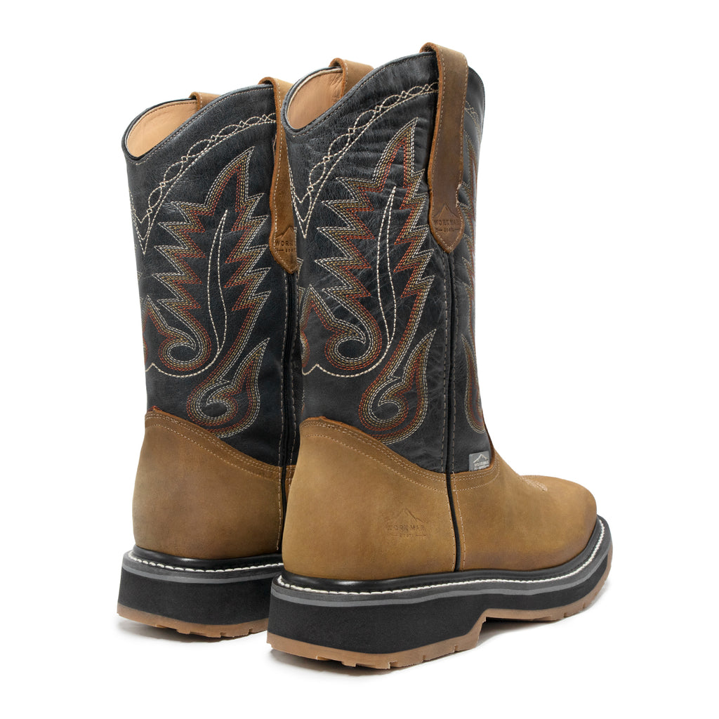 Bota Vaquera de trabajo "Dual Tone" | Piel Crazy Miel y Tubo Alazán Negro | Casco de Poliamida